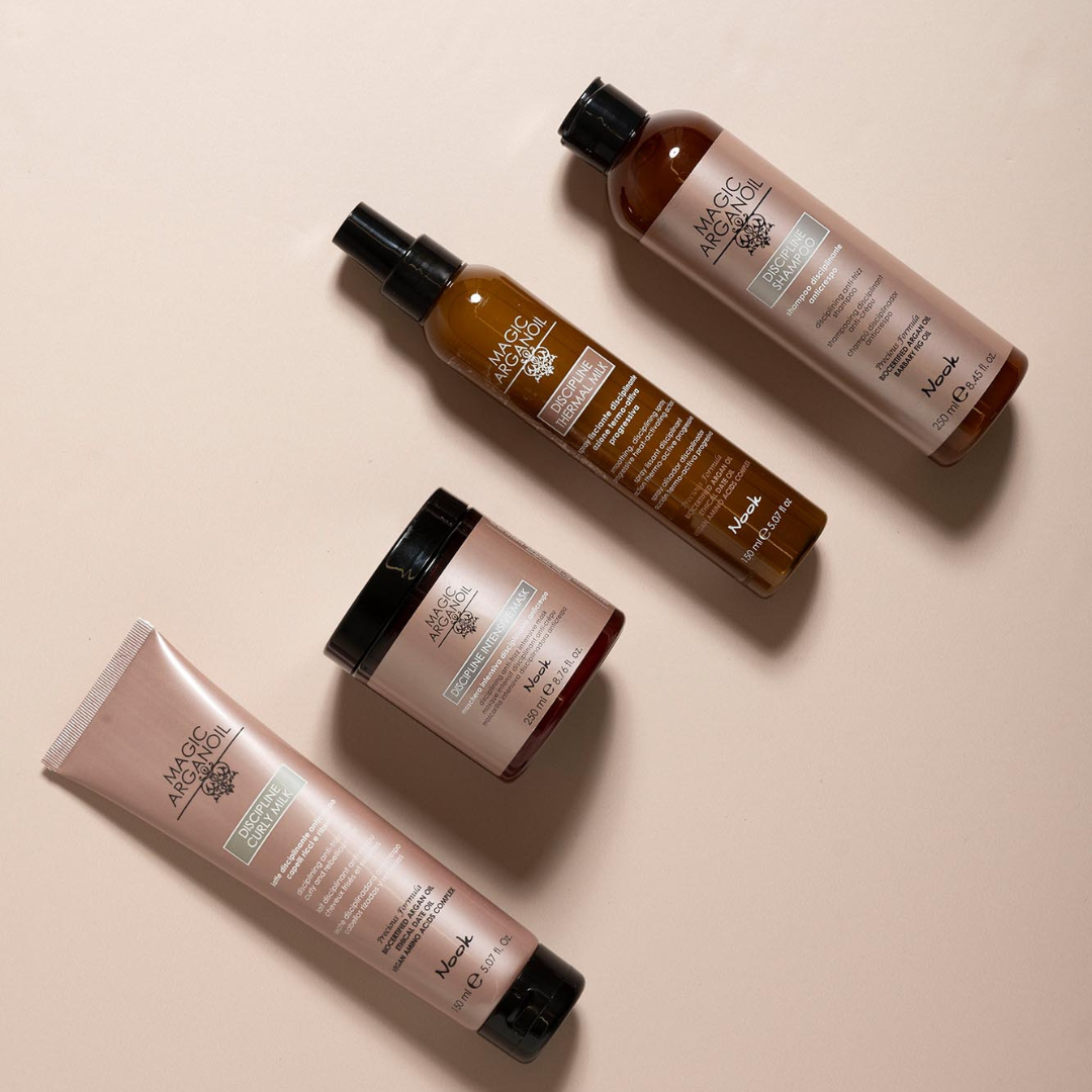 Set produse Magic Arganoil Discipline pentru netezirea și hidratarea părului rebel și uscat.