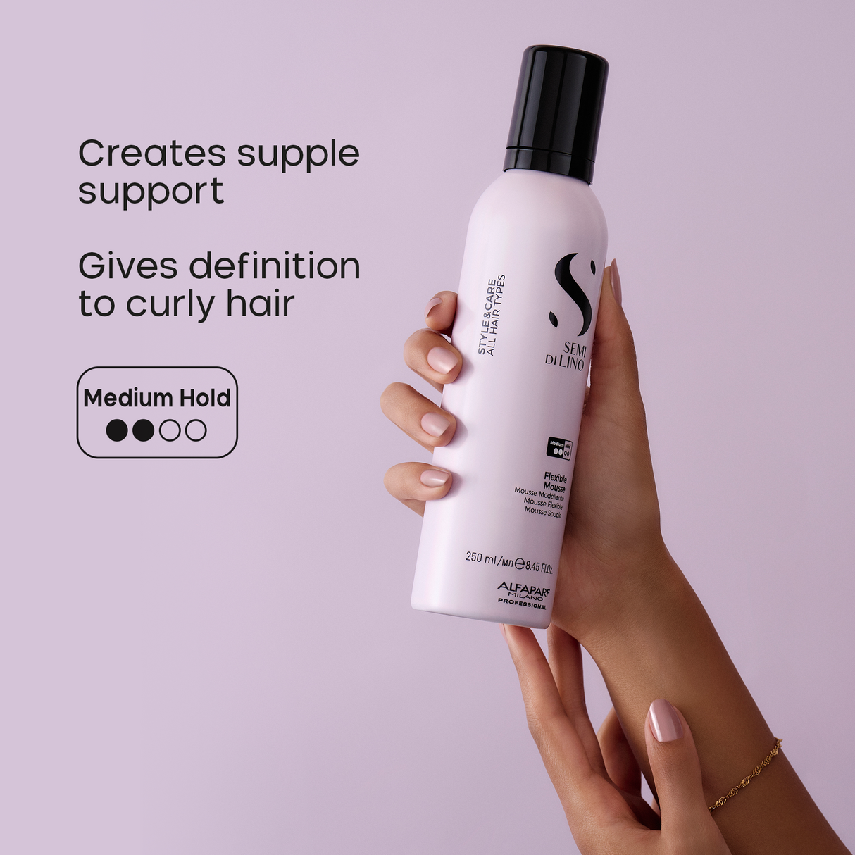 Alfaparf Milano Semi Di Lino Style&Care Flexible Mousse 250 ml – Spumă de Styling Versatilă pentru Volum Natural și Fixare Lejeră, fără Reziduuri