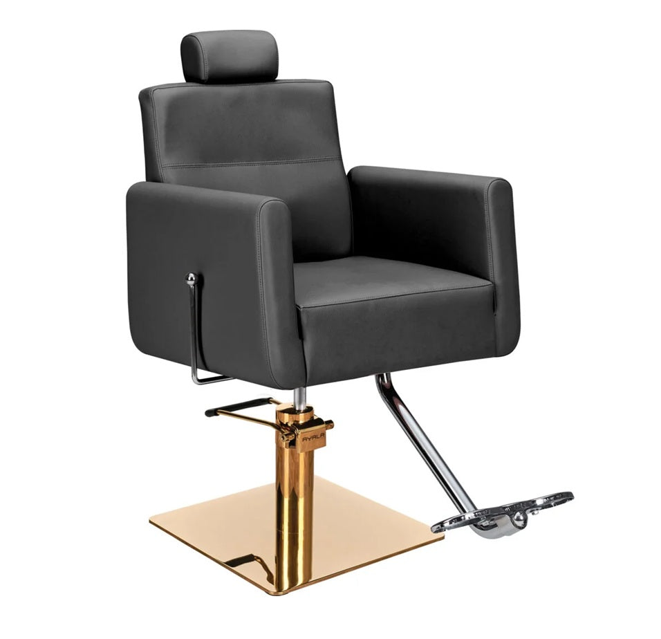 Ayala Ray G1 – Scaun profesional de frizerie cu tapițerie neagră și bază pătrată aurie – Eleganță rafinată și confort compact