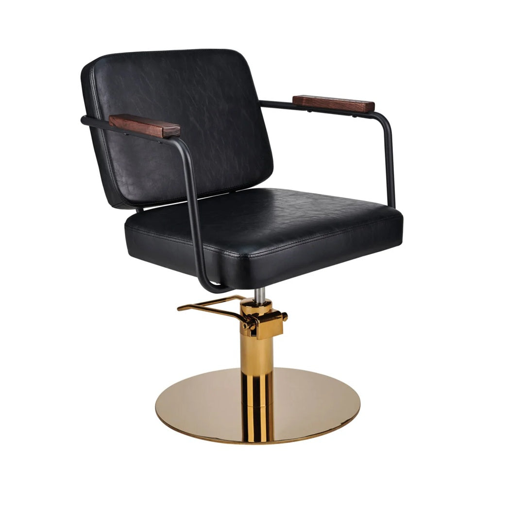 Ayala Enzo G1 – Scaun de Coafor Profesional Negru cu Bază Rotundă Aurie | Design Industrial-Boho și Confort Excepțional