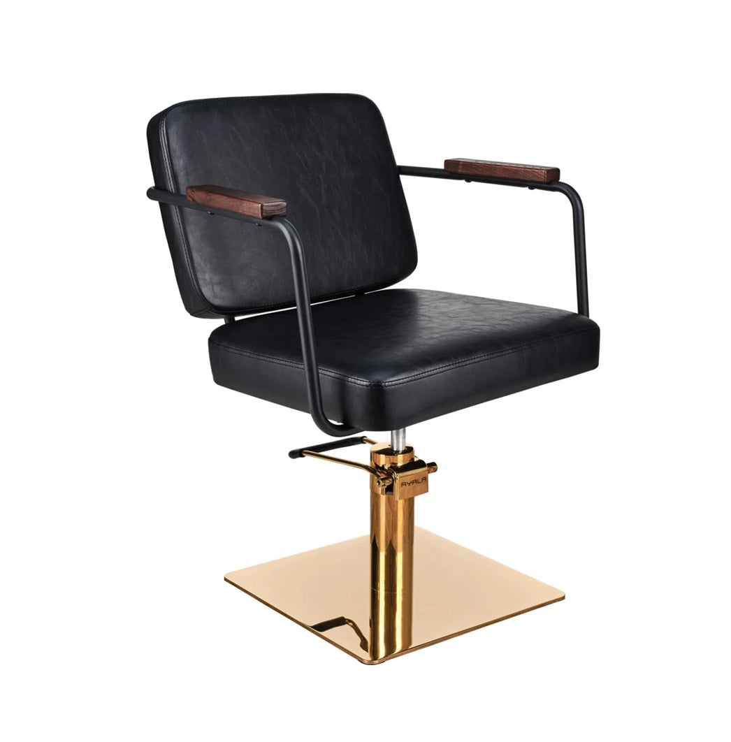 Ayala Enzo G1 – Scaun de Coafor Profesional Negru cu Bază Pătrată Aurie 💛 Eleganță Industrială & Funcționalitate Premium în Salonul Tău