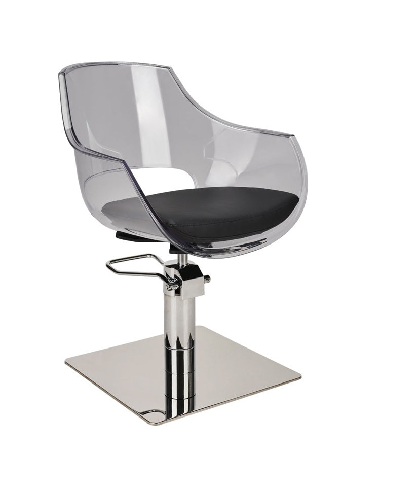 Ayala Ghost 01 – Scaun de Coafor Transparent cu Bază Pătrată Argintie