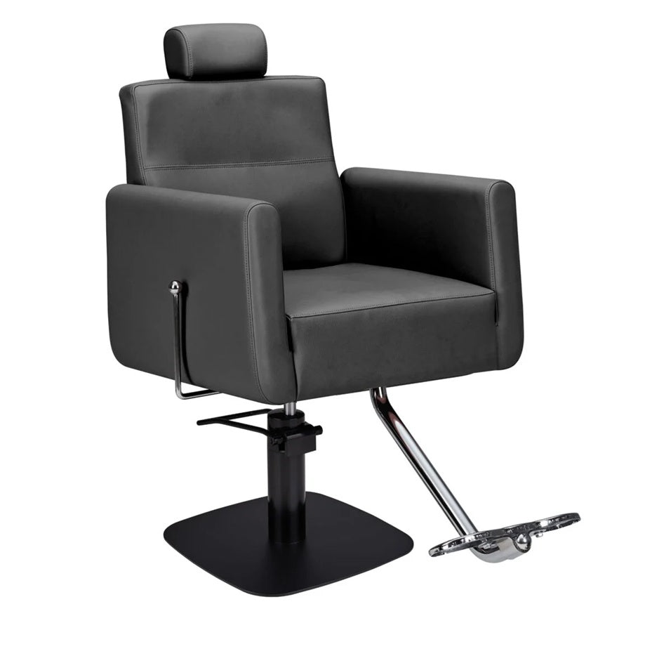 Ayala Ray C1 – Scaun de frizerie profesional negru cu bază pătrată neagră – Confort, stil și funcționalitate în cel mai elegant format