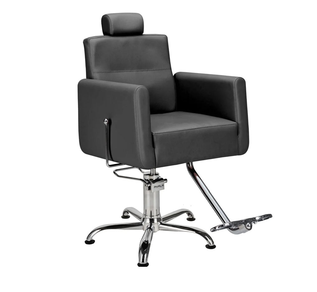 AYALA Ray 01 Scaun de frizerie profesional – Negru / Bază cu picioare negre – Confort, versatilitate și design modern pentru saloane premium