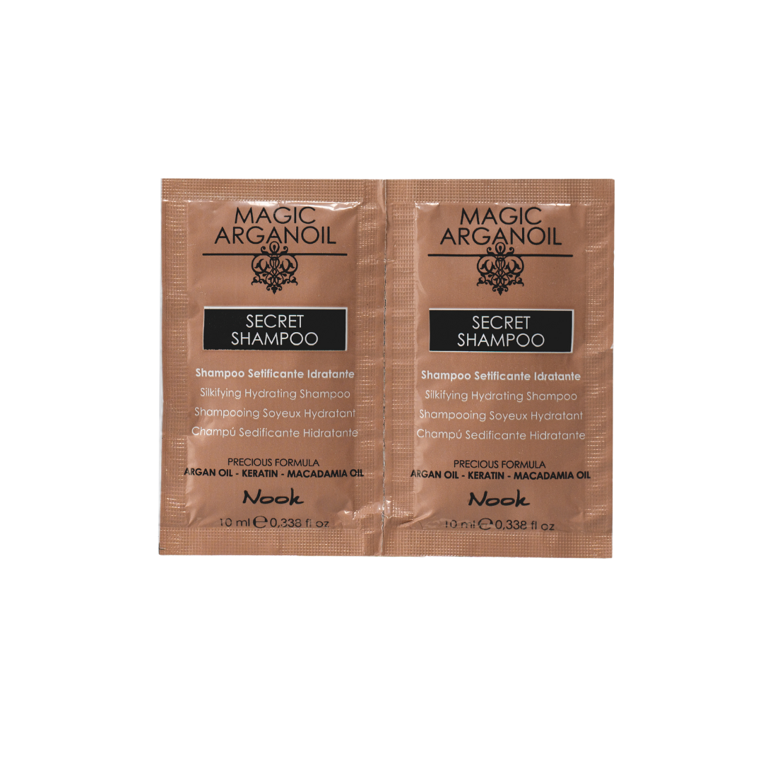 Nook Magic Arganoil Secret Shampoo: șampon hidratant pentru păr și corp, cu ulei de argan și extract de moringa.