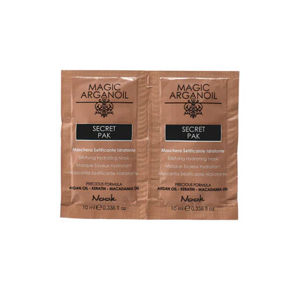 Mască Hidratantă cu Textură Mătăsoasă, Formulată pentru Strălucirea și Repararea Părului Uscat, Nook Magic ArganOil Secret Pak Silkifying Hydrating, mostră 10ml