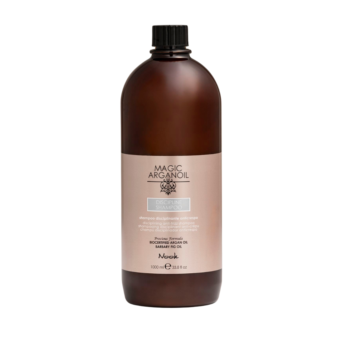 Șampon disciplinant Nook Magic Arganoil 1000 ml cu ulei de argan pentru păr rebel și uscat.