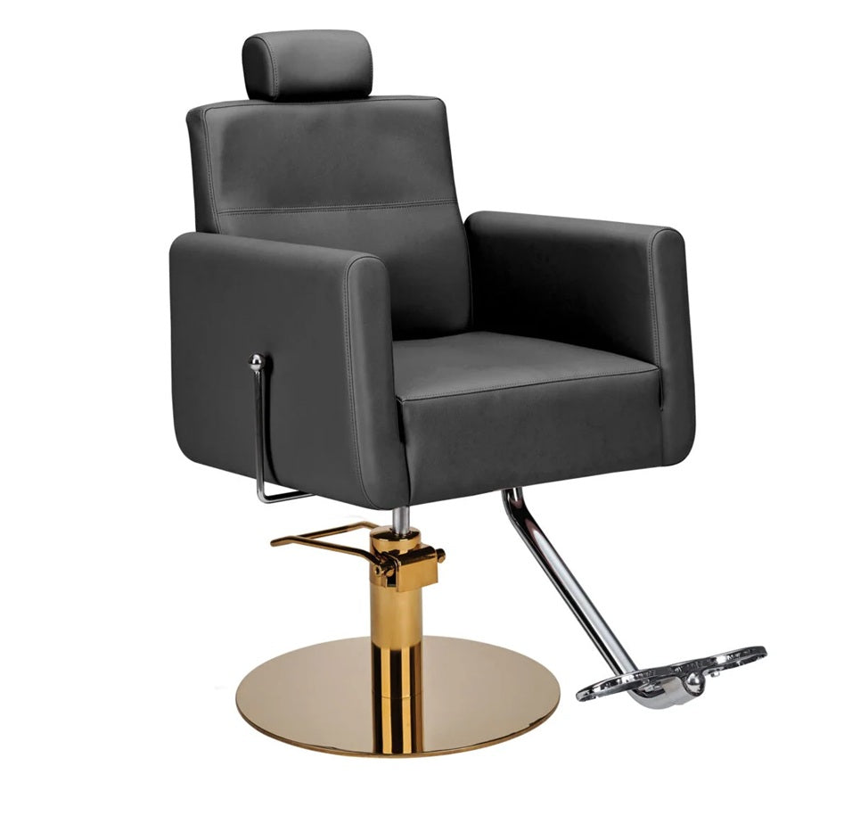 Ayala Ray G1 – Scaun profesional de frizerie cu tapițerie neagră și bază rotundă aurie – Lux, funcționalitate și design compact