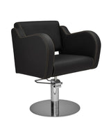 Ayala Holly 01 P-7 Scaun de Coafor Negru cu Cusături Aurii și Bază Rotundă Cromată Argintie