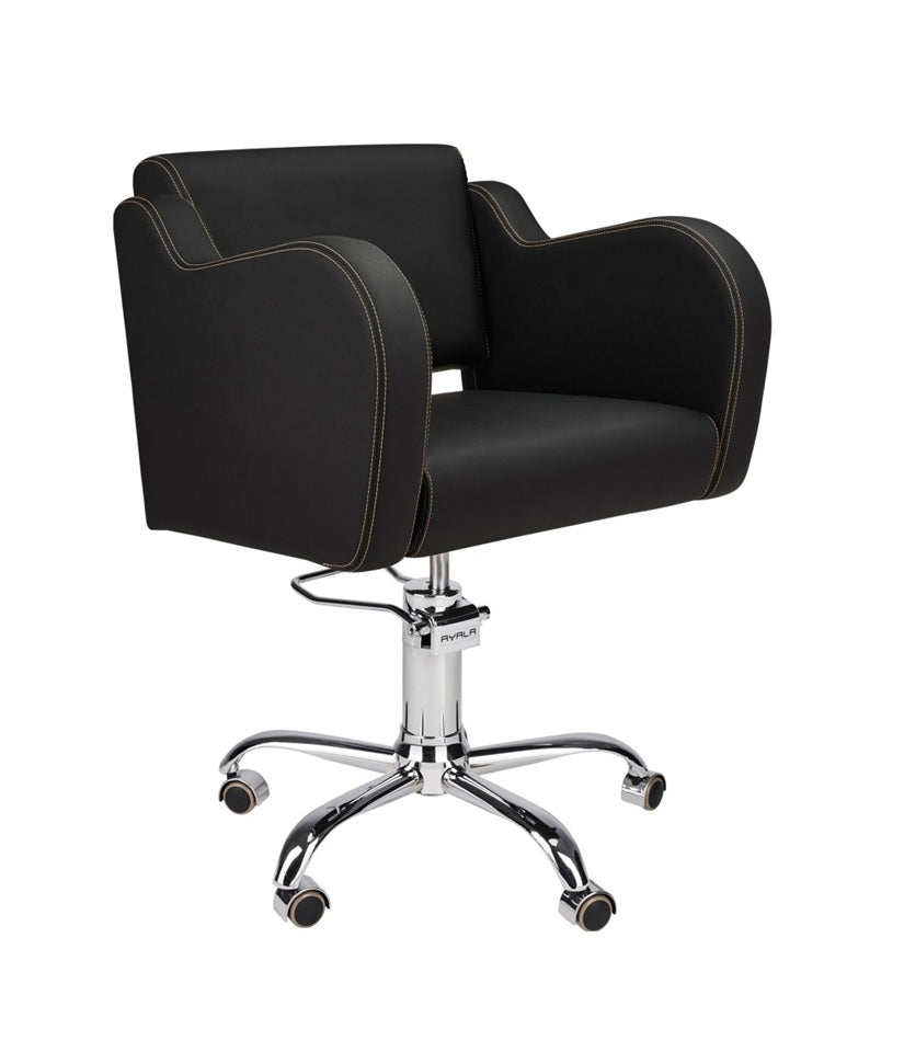 Ayala Holly 01 P-7 Scaun de Coafor Negru cu Cusături Aurii și Bază pe Roti Cromate