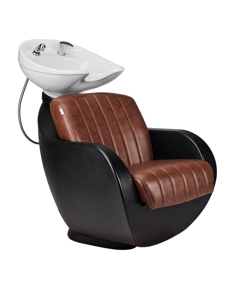 Ayala Thomas P-96 Unitate de Spălare Maro cu Cusături Decorative, Chiuvetă Albă și Carcasă Neagră