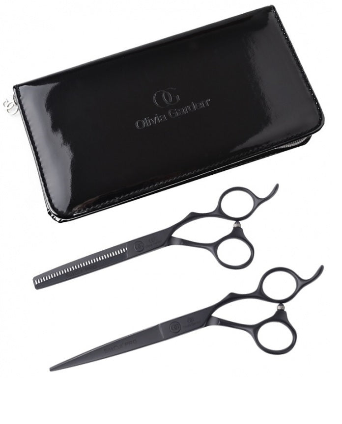 Set De Foarfeci Profesionale În Husă Olivia Garden Silkcut Pro Matt Black Foarfecă De Tuns 6.50+ Foarfecă De Filat 6.35+Husă