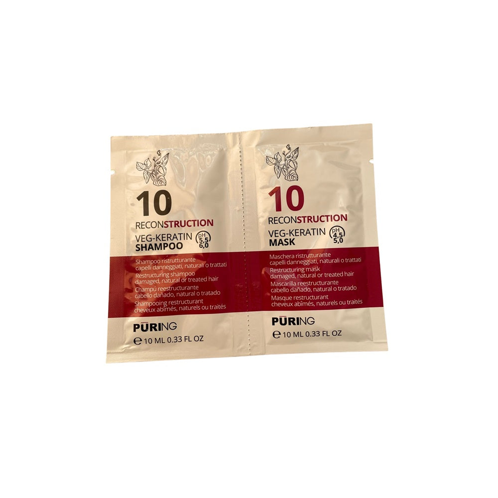 Puring Set Reconstrucție Intensivă – Șampon și Mască cu Cheratină Vegetală pentru Păr Deteriorat, Natural sau Tratat 2x10ml